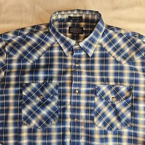 Pendleton Frontier Mens Plaid Pearl Snap Shirt Western Cowboy Blue Size XL